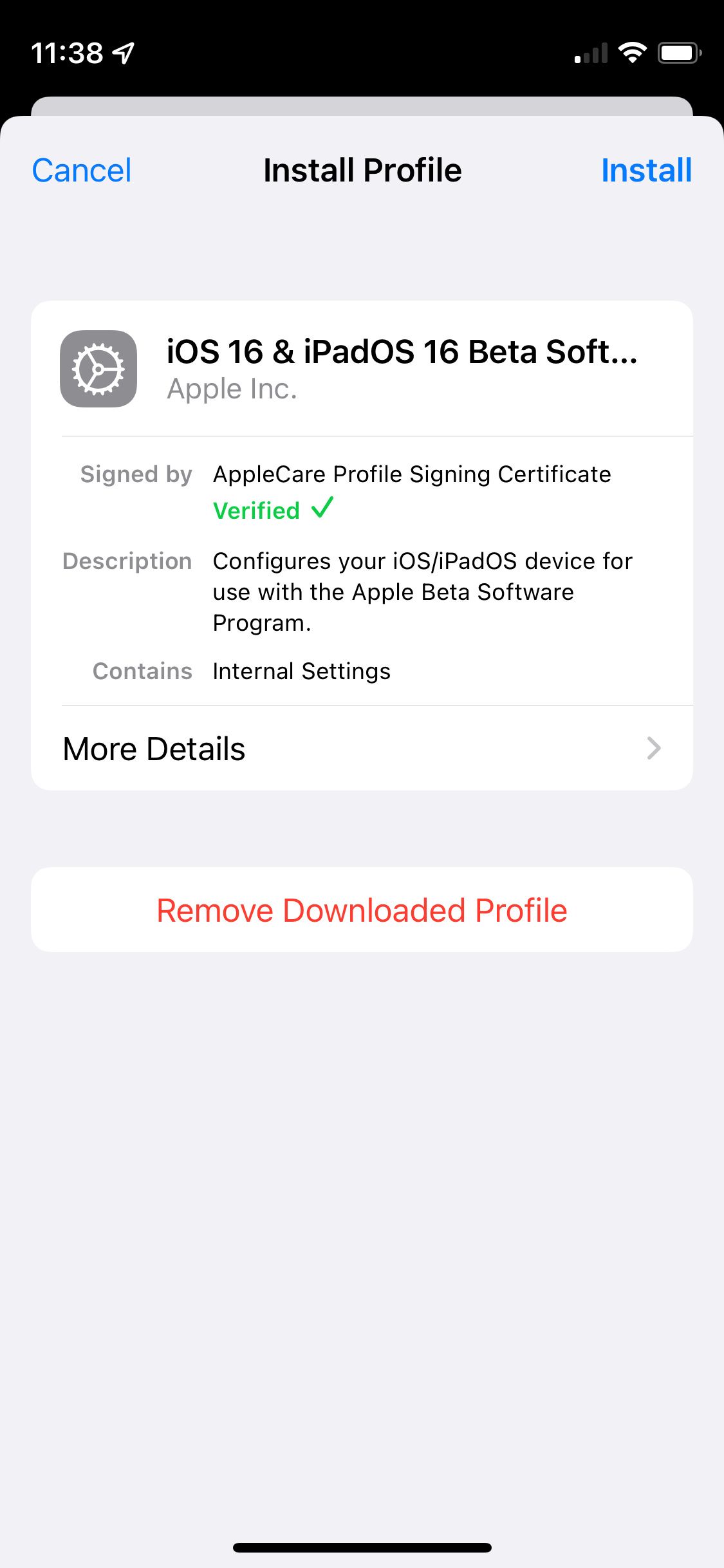 صفحه نصب پروفایل بتای iOS 16