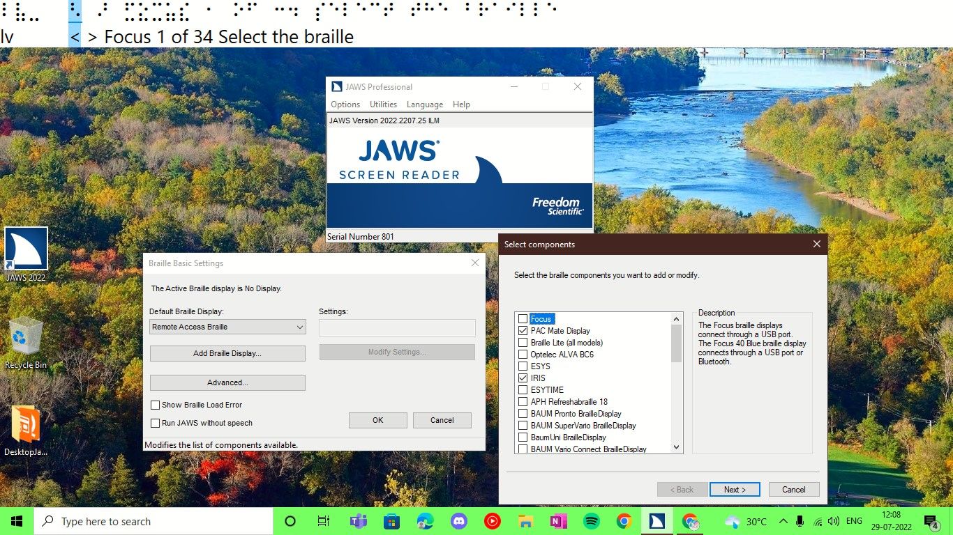 JAWS Screen Reader Braille Display Settings Open on Windows Laptop
