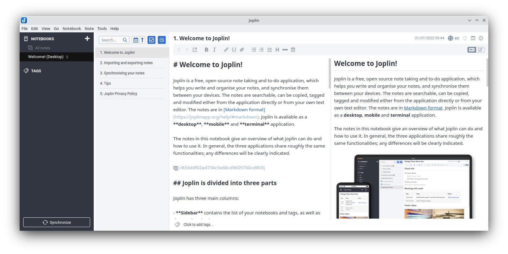 A screenshot of note-taking app Joplin, with the default welcome note open.