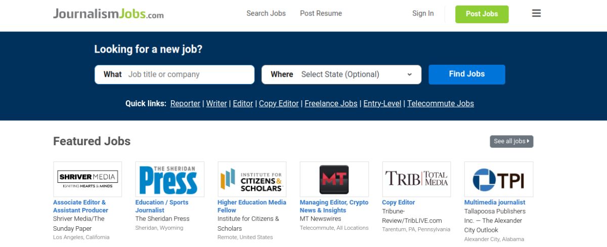 JournalismJobs Job Search Webpage