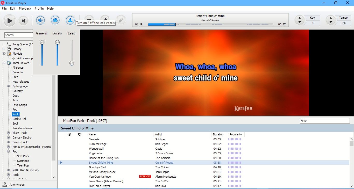 Karaoke Song Playing on Kara Fun Player for Windows 