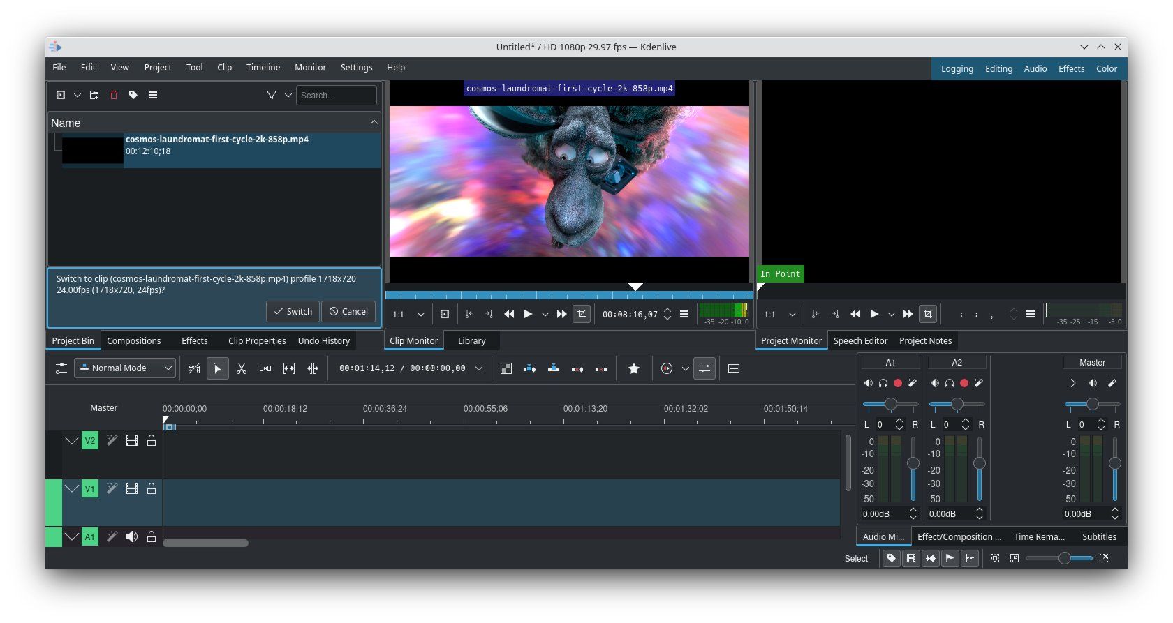 A screenshot of Kdenlive with a movie file open.