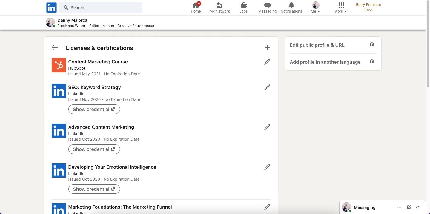 Screenshot showing Licenses/Certifications Section on LinkedIn