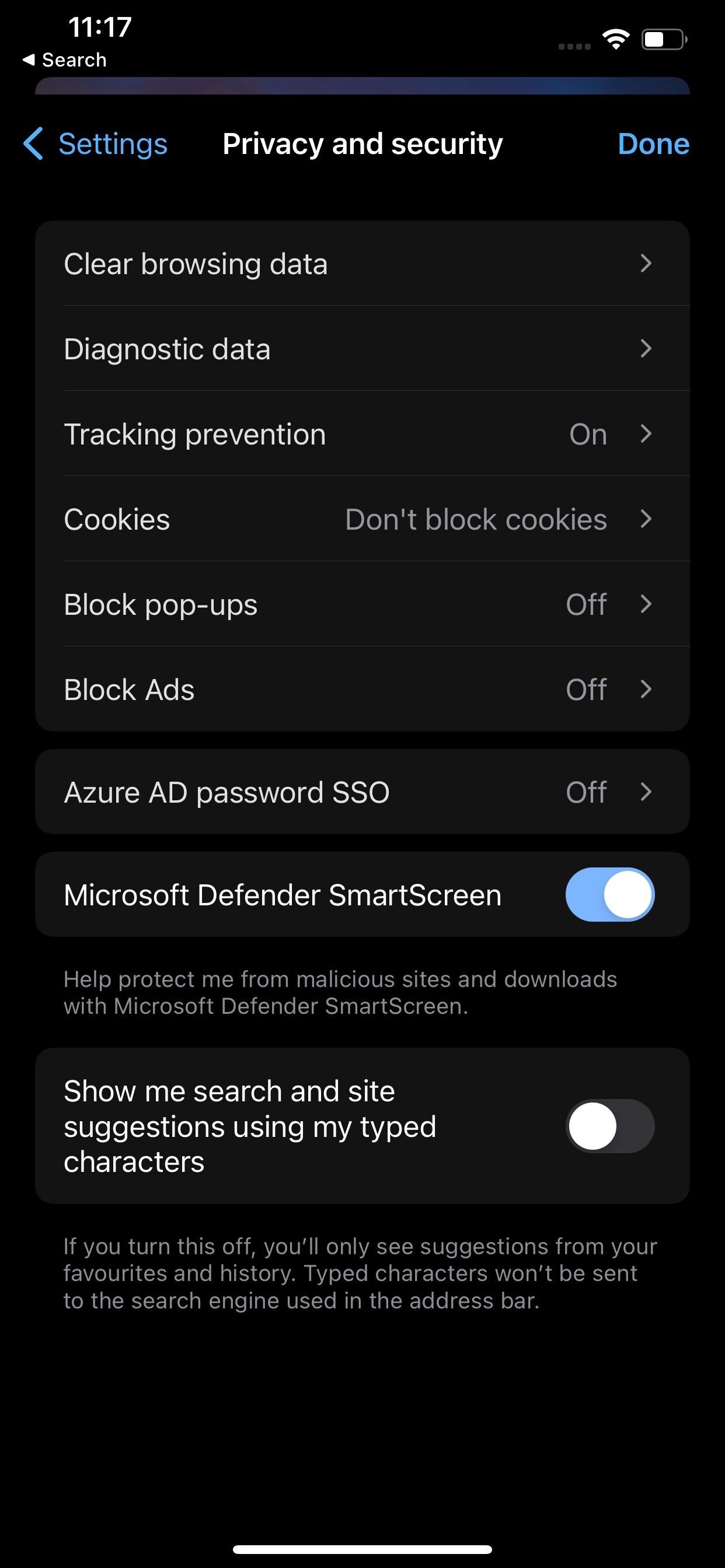 Locating Block Pop-ups Option in Privacy and Security Setting in Microsoft Edge for iOS