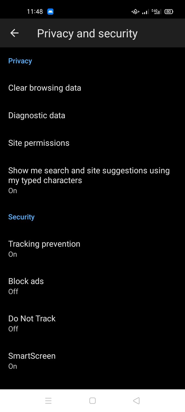 Locating Block-ads Option in Privacy and Security Window in Microsoft Edge for Android