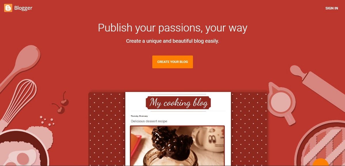 The landing page for Blogger - one of the first major user-generated content sites.