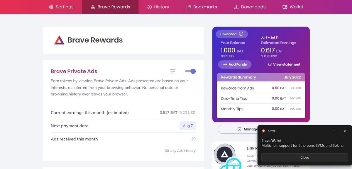 A settings page for Brave - a web3 platform that uses blockchain to reward users for viewing ads.