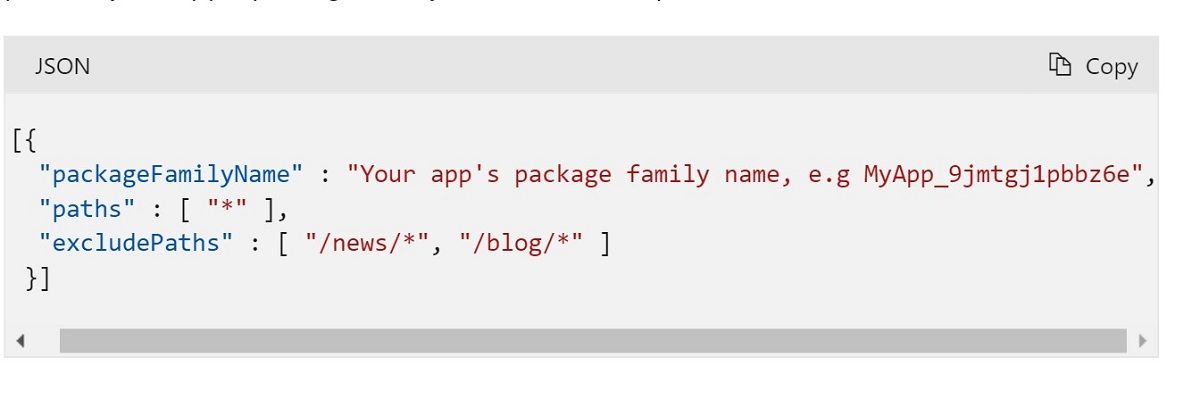 Code provided by Microsoft for deep linking from a website to within an app.