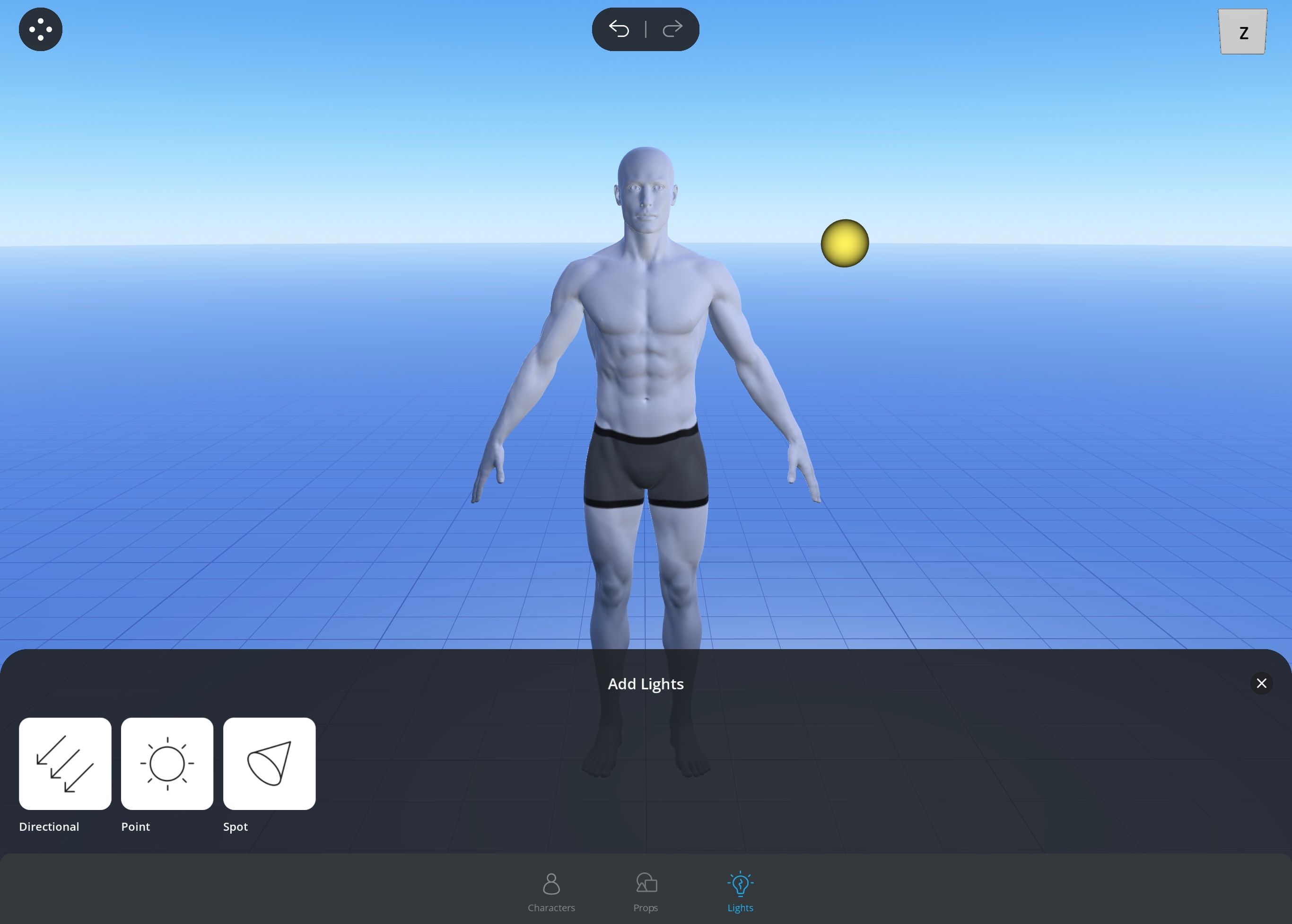 3D model of man with menu displaying light options in Magic Poser