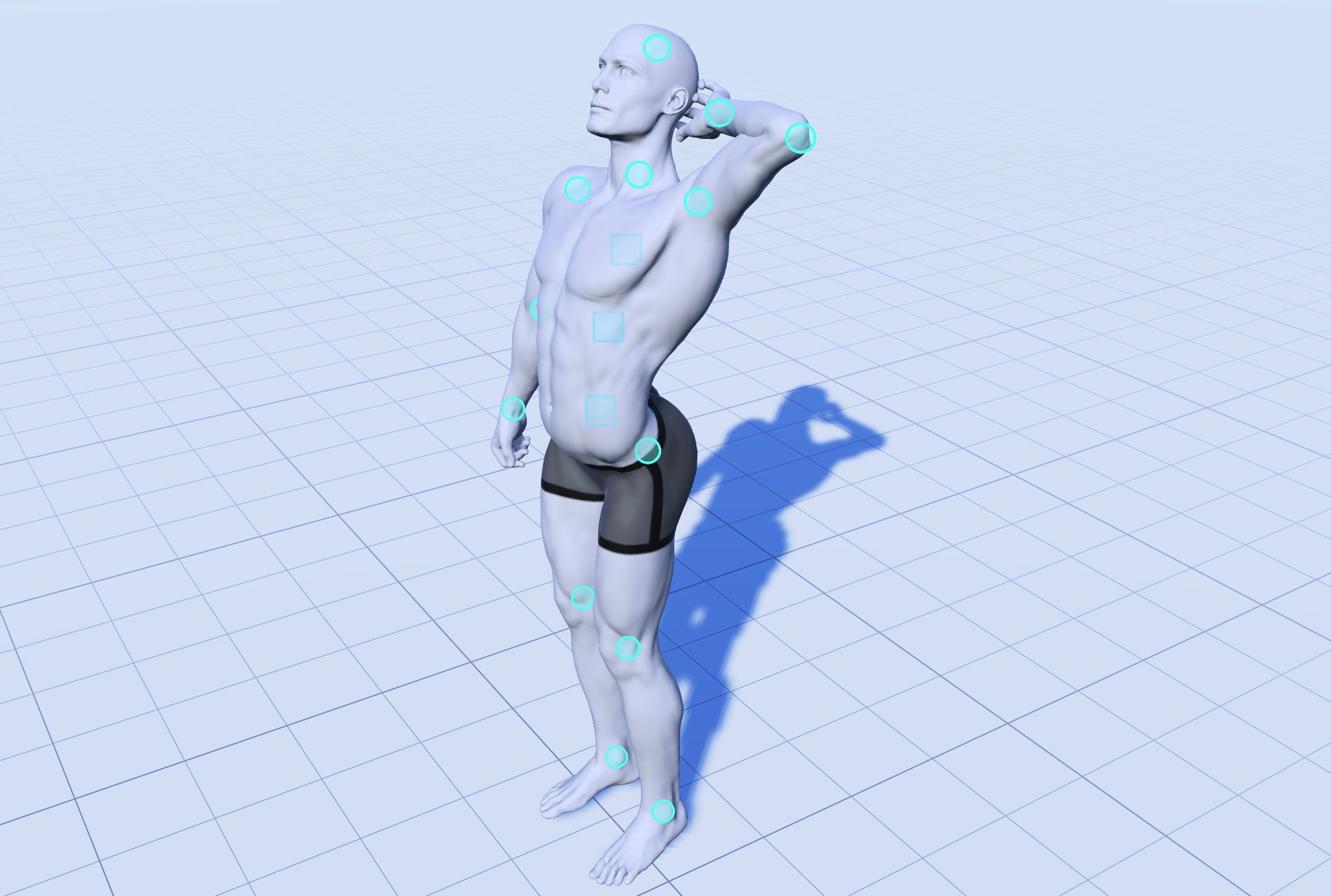 3D model of man tilting his head and spine backwards with left hand behind head