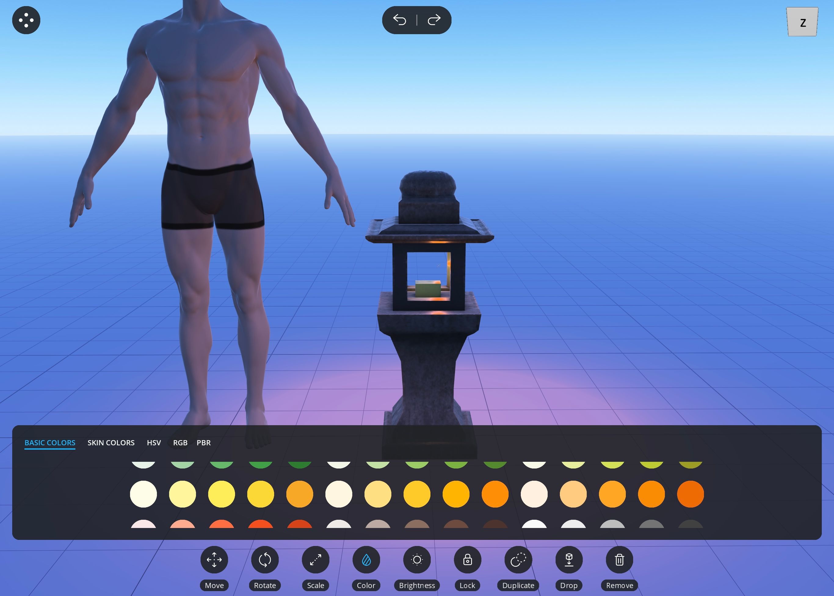3D model of man in Magic Poser, with menu displaying lighting colors for the light source