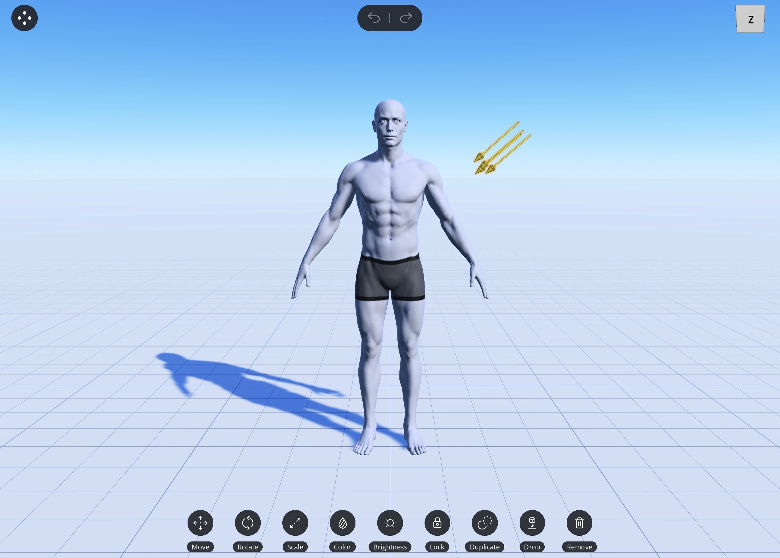 3D model of man in Magic Poser standing with arms down, demonstrating light source