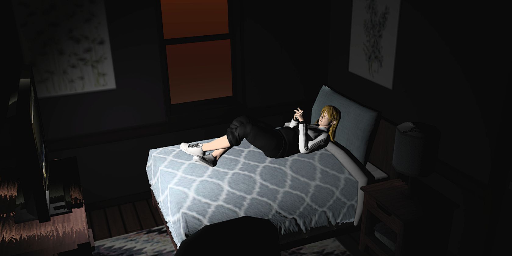 3D model of girl lying on bed watching TV at twilight