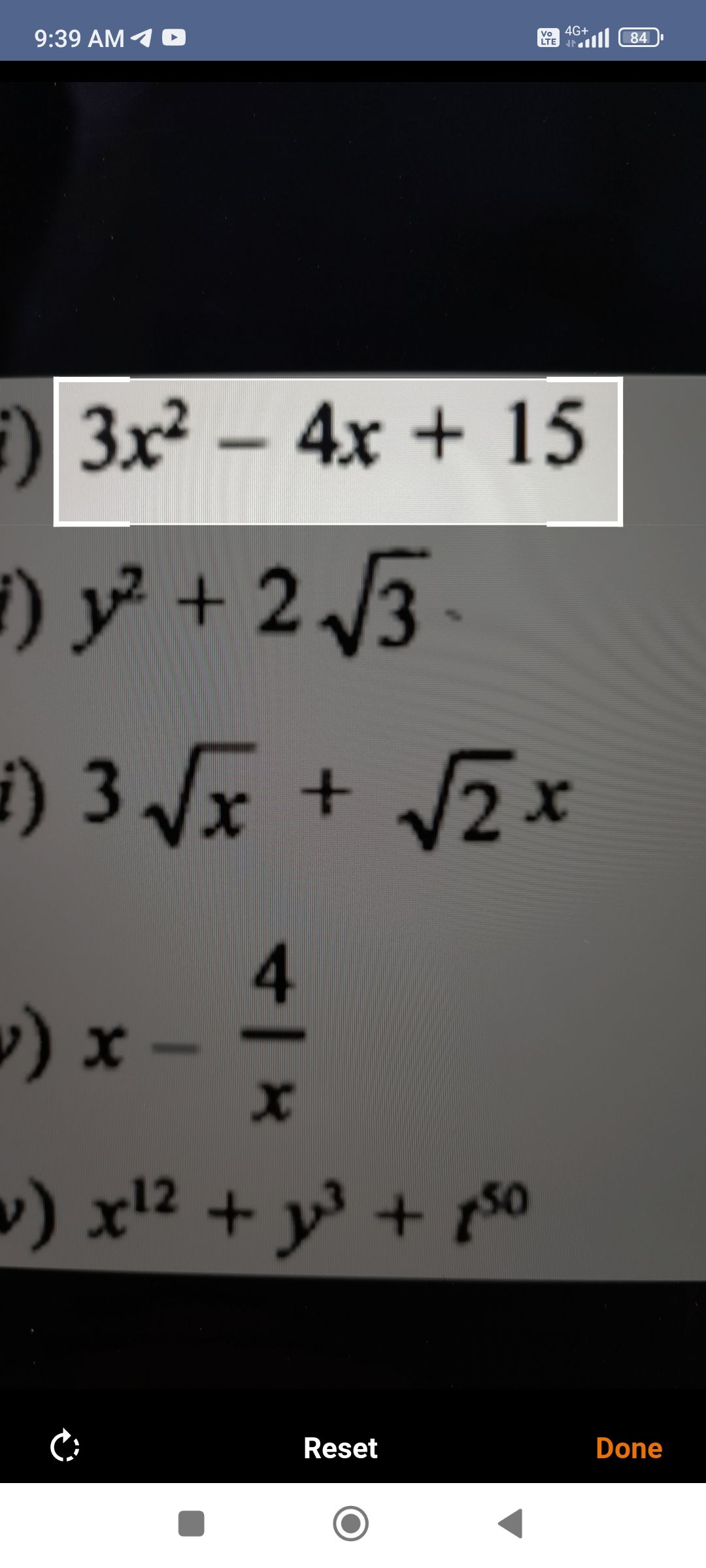 Mathway app scanning an equation