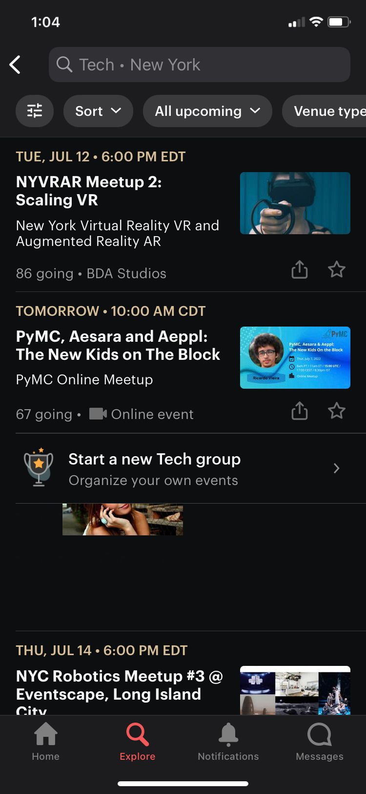 Meetup app tech events
