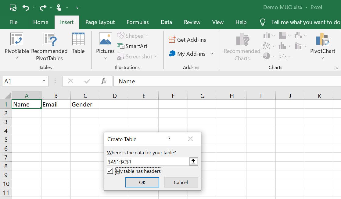 Microsoft Excel Insert table option