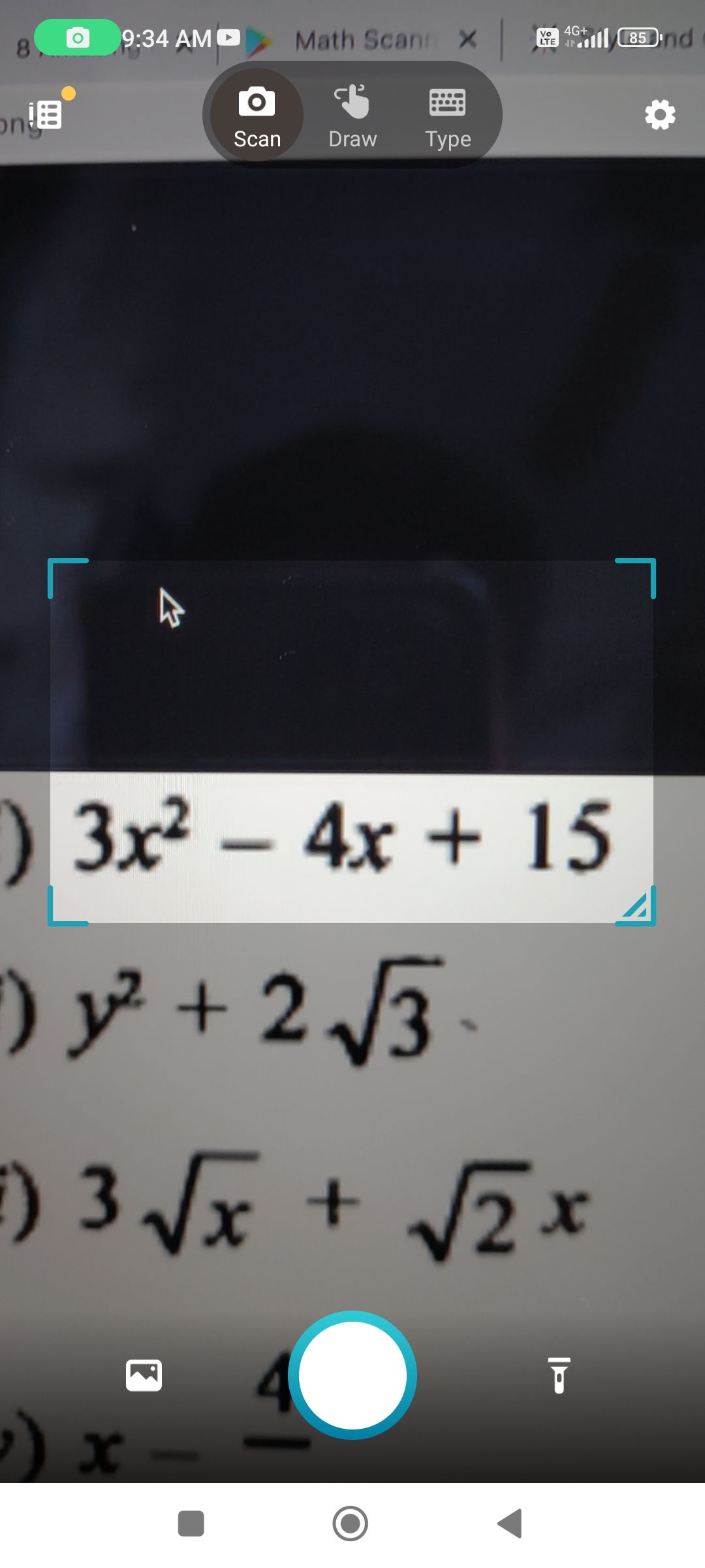 Microsoft Math Solver app scanning an equation