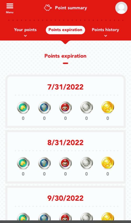 My.Nintendo Platinum Points Expiration Tab