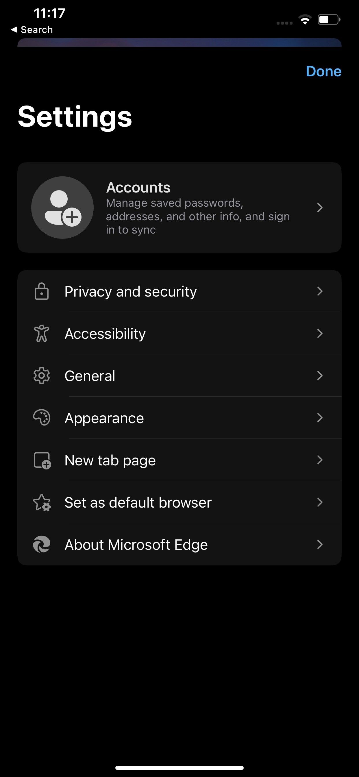 Navigating to the Privacy and Security Settings in Microsoft Edge for iOS