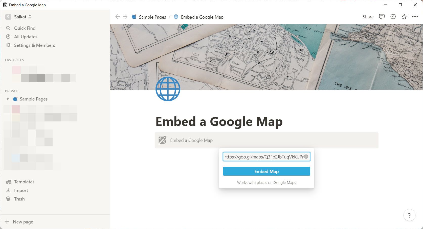 Embed a Google map in a Notion page