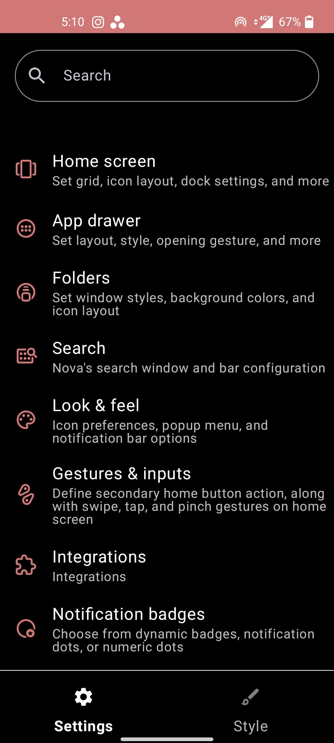 Nova Launcher settings menu