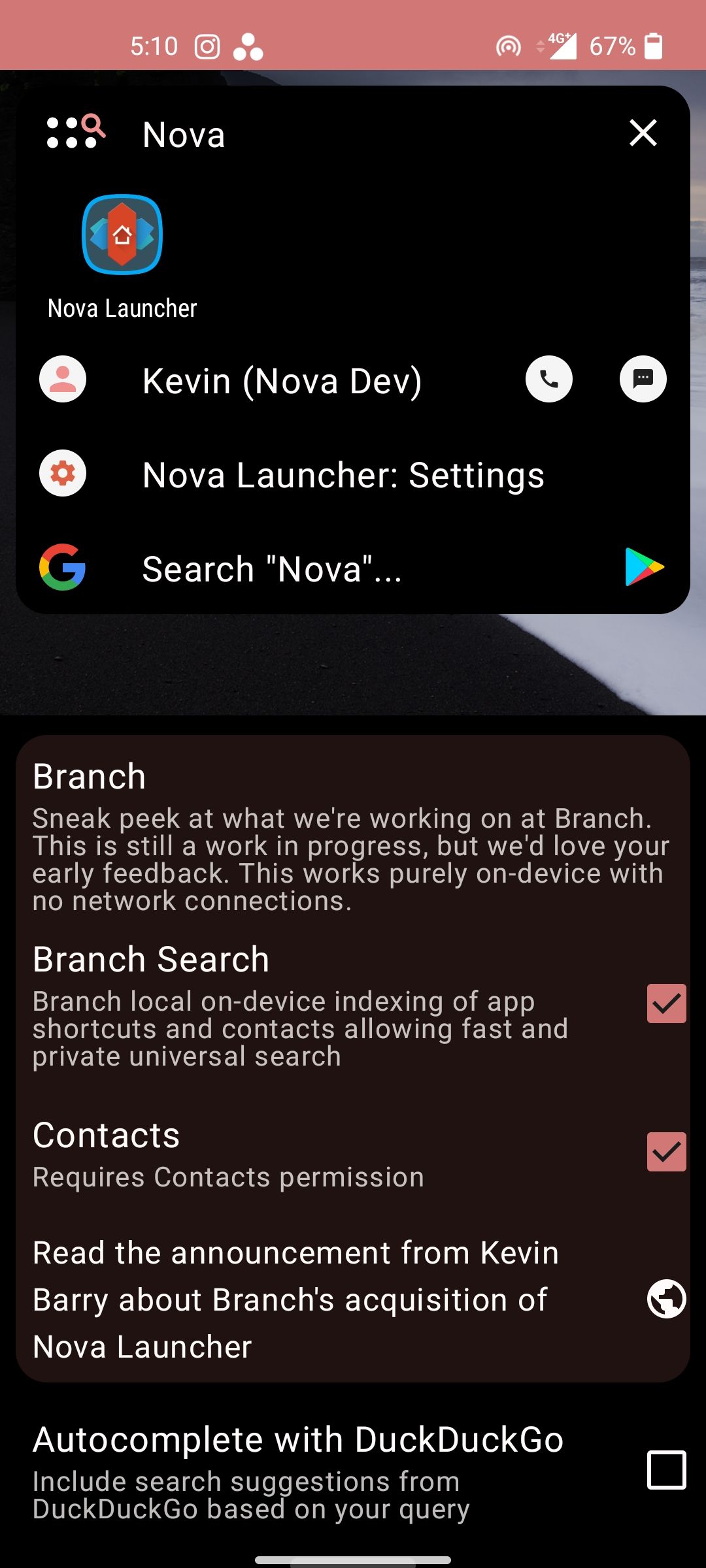 Nova Launcher option to disable Branch search