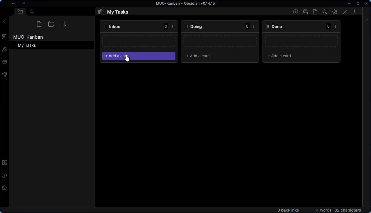 Obsidian Kanban یک کارت اضافه کنید