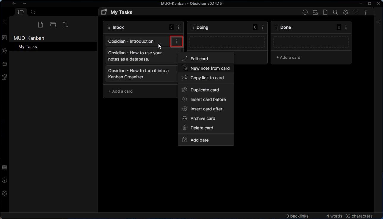 گزینه های کارت Obsidian Kanban