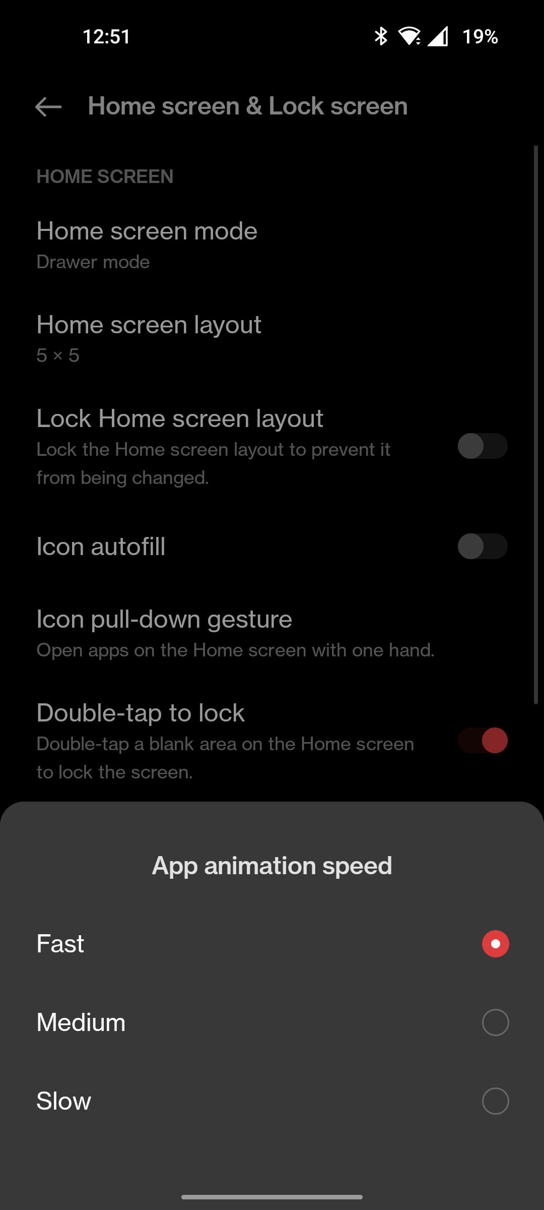 OnePlus app animation options with three different speeds