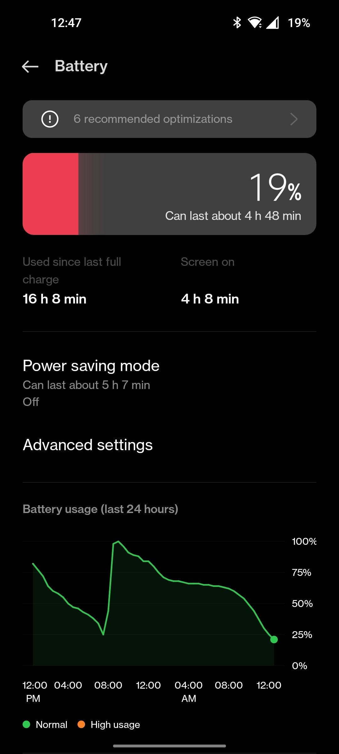 OnePlus battery settings with usage stats 