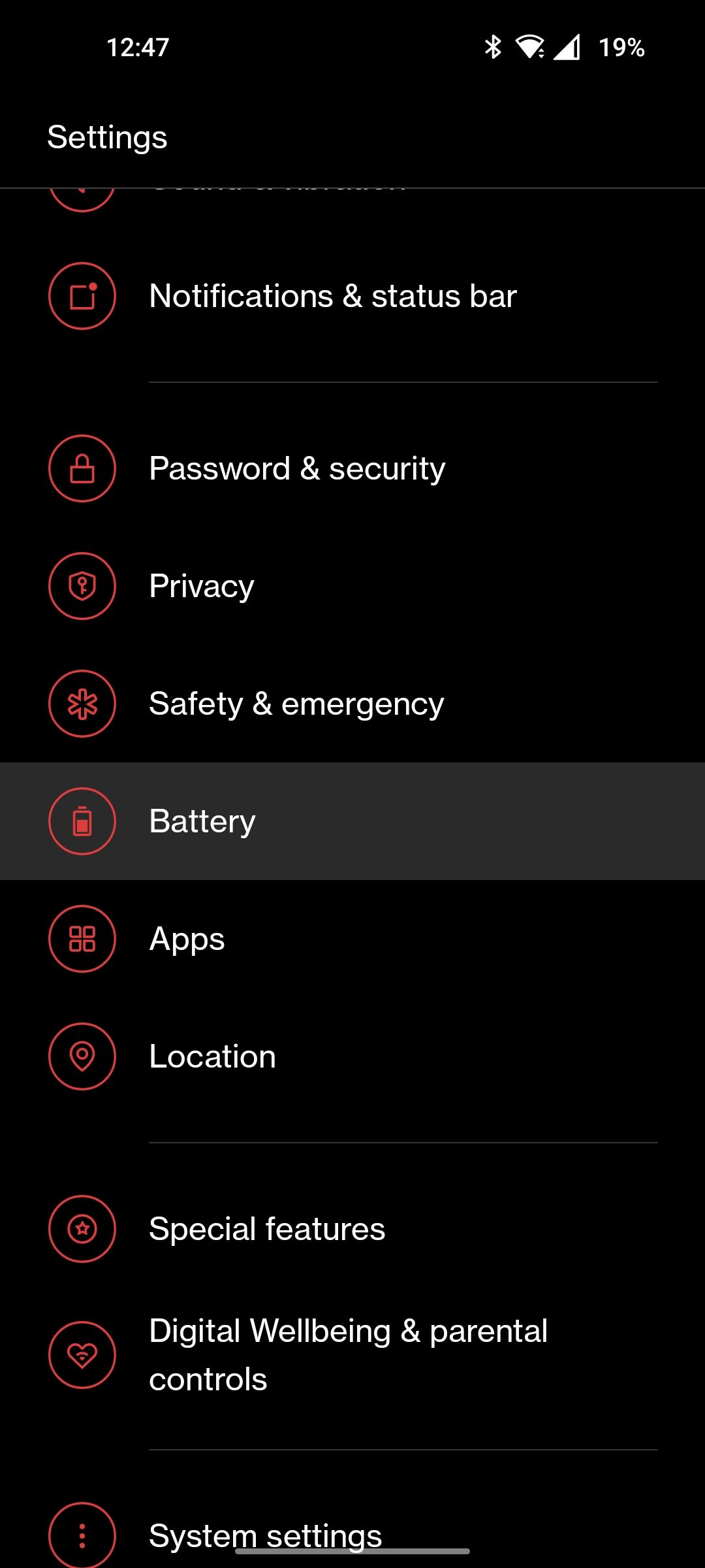 OnePlus settings app with battery settings highlighted 