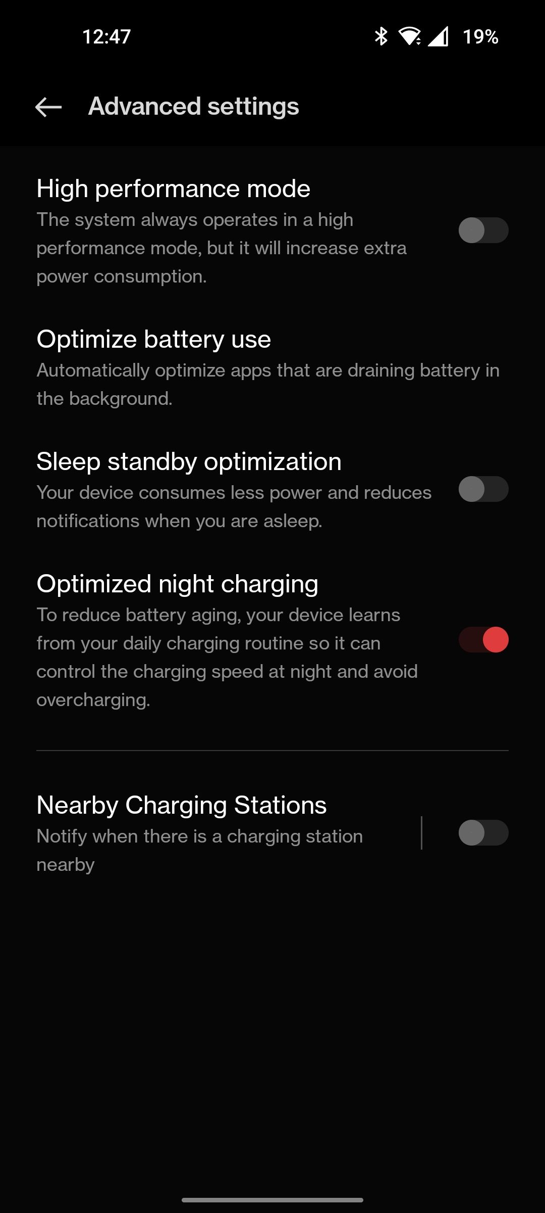 OnePlus battery advanced settings with optimized night charging toggle