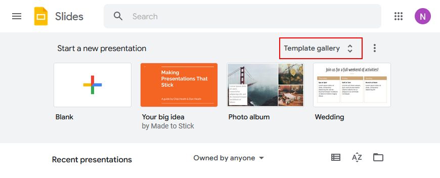 Open Template Gallery in Google Slides