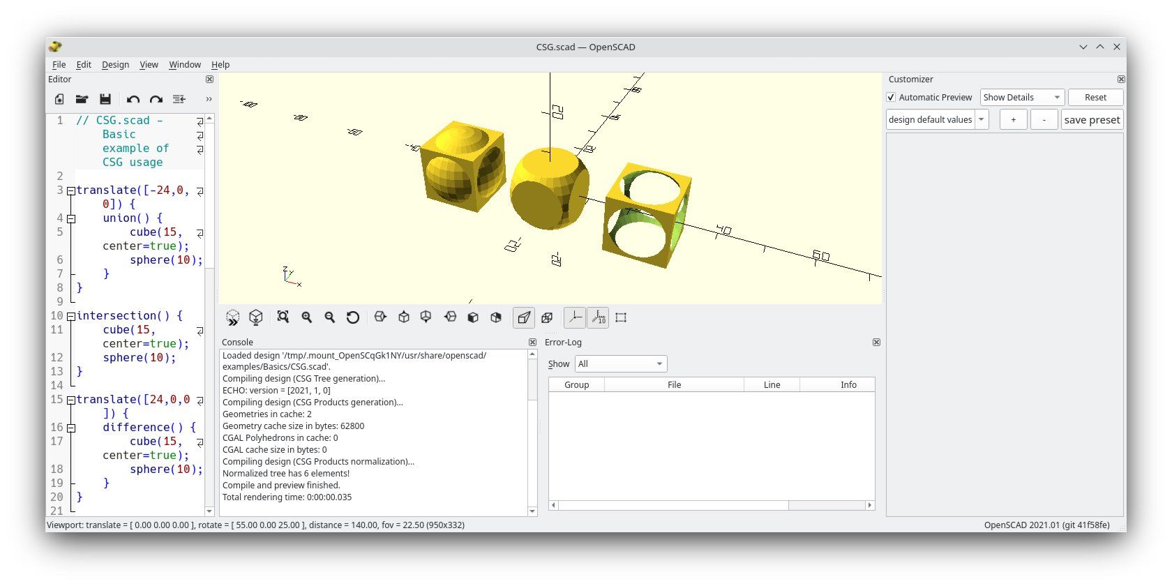 A screenshot of OpenSCAD with the Basic sample file open.