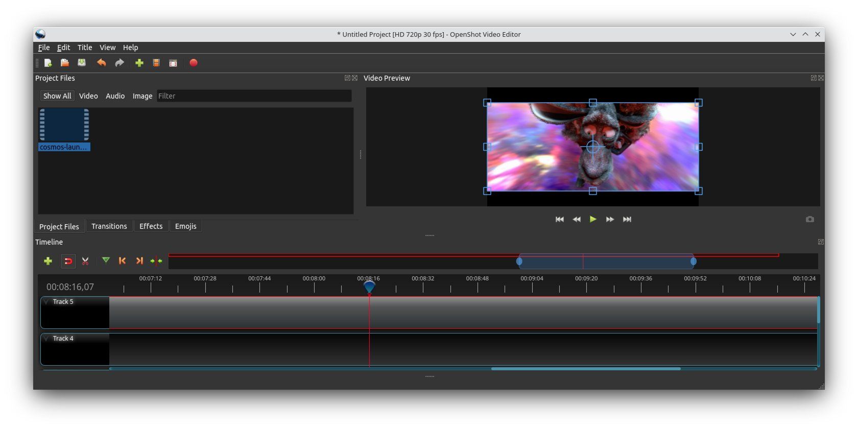 A screenshot of OpenShot with a movie file open.