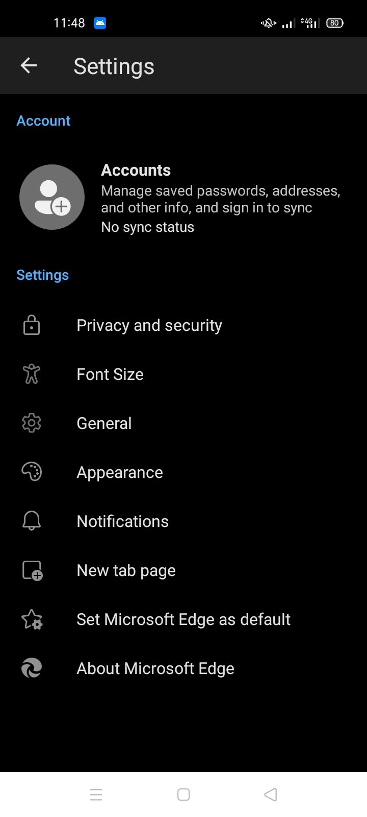 Opening Privacy and Security Option in Microsoft Edge for Android