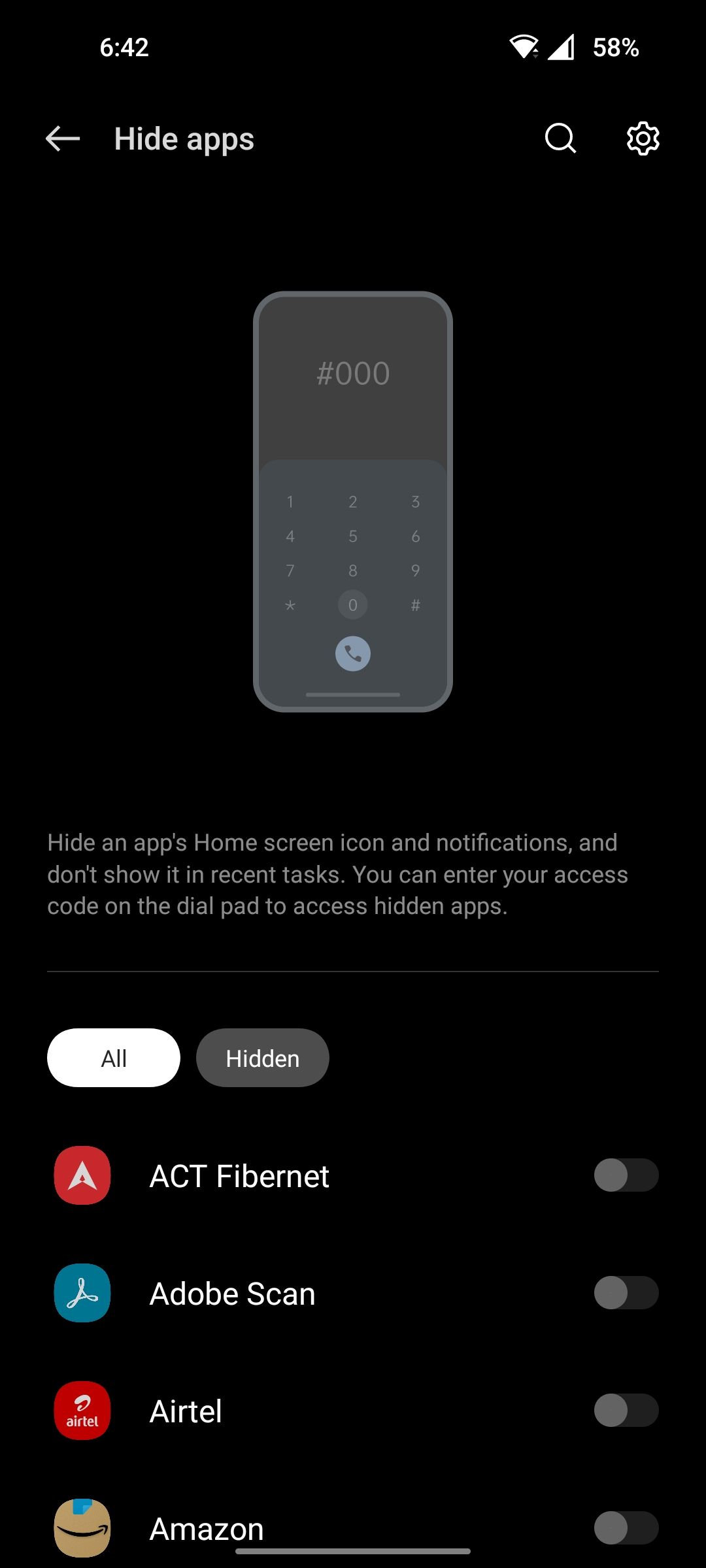 List of apps with option to hide them