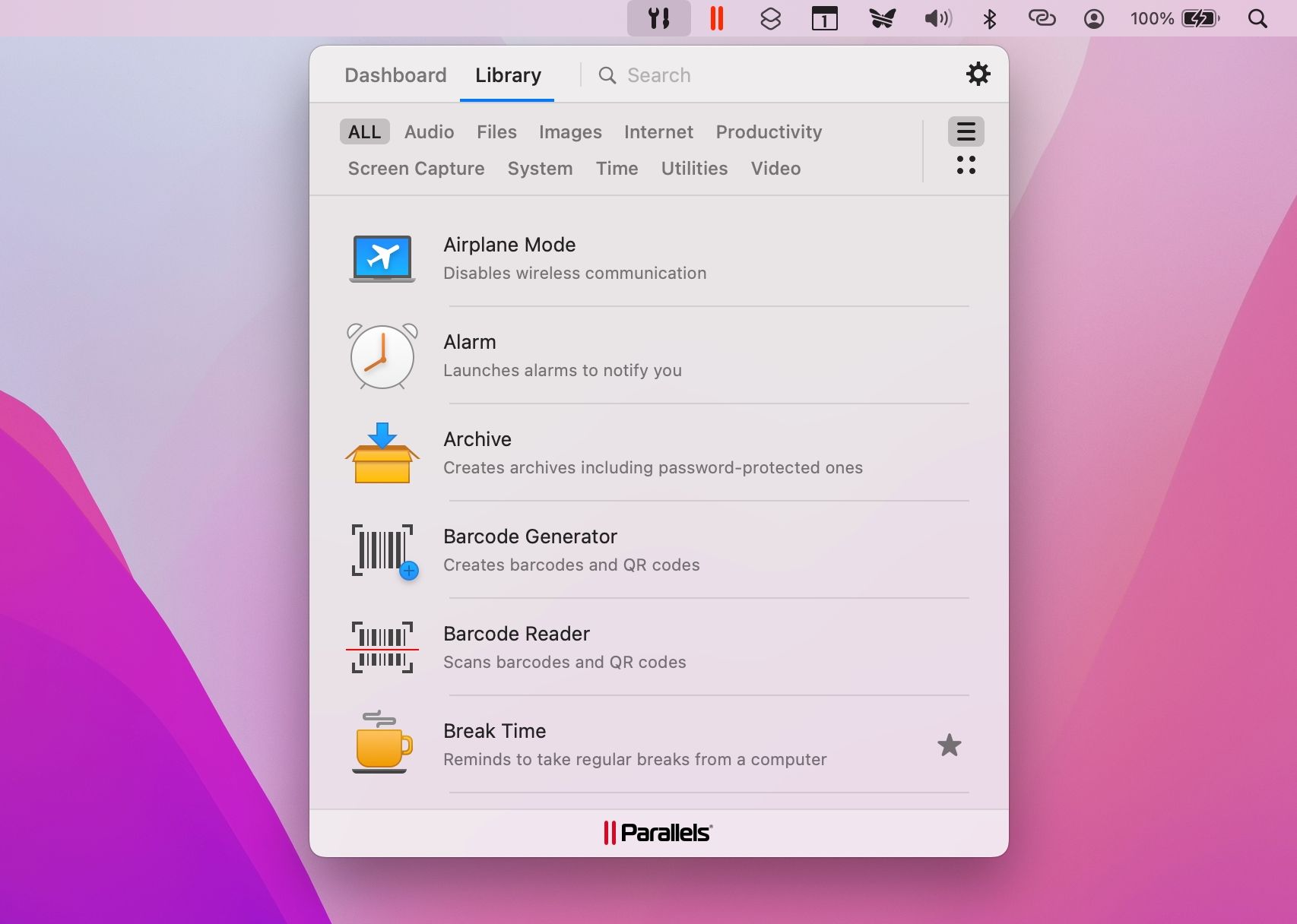 Mengakses Parallels Desktop Toolbox dari bilah menu macOS