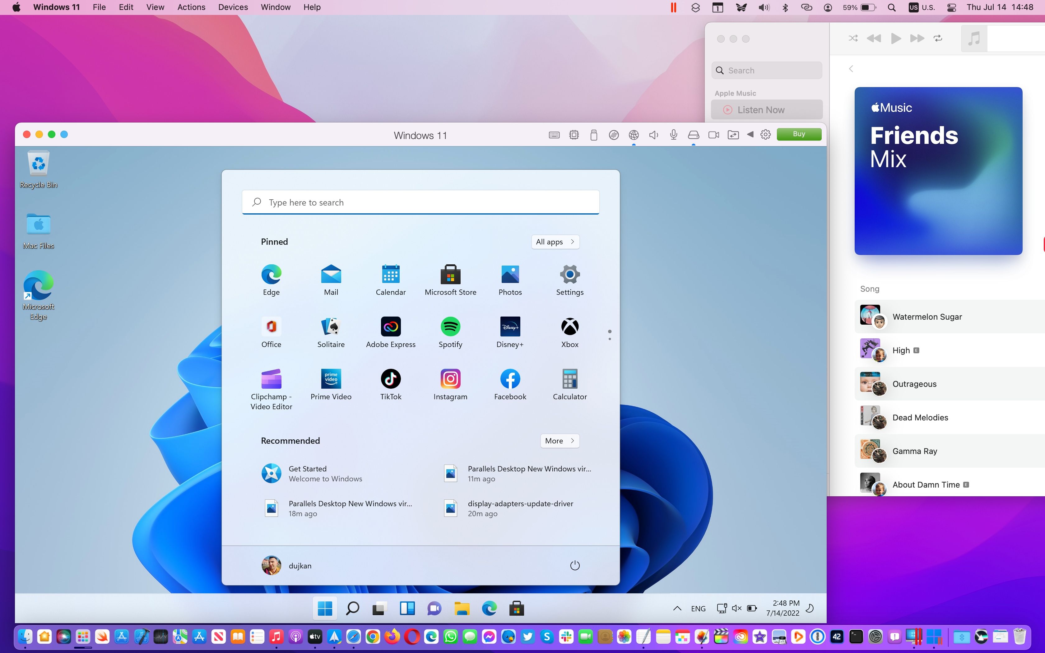 Parallels Desktop Windows 11 desktop Mac