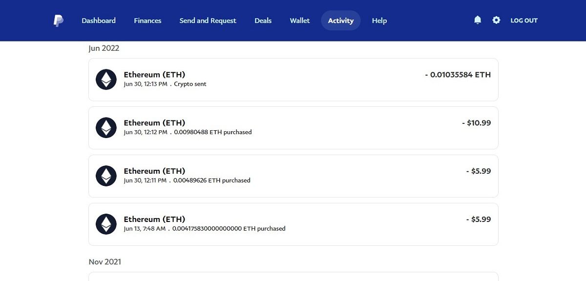 Entries showing different kinds of Ethereum transactions at different times.