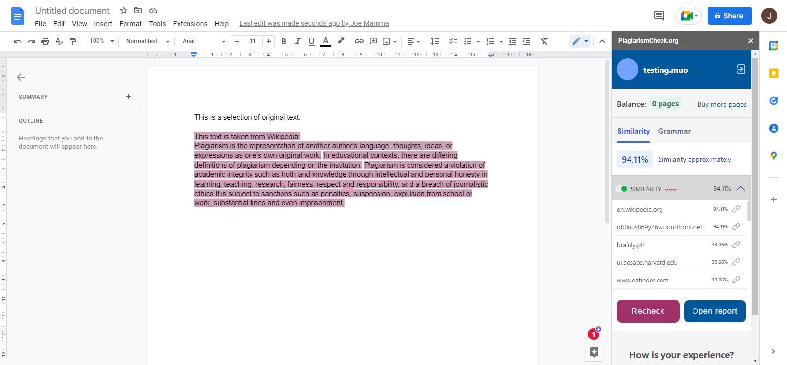 اسکرین شات از افزونه در حال استفاده Plagiarism Check org