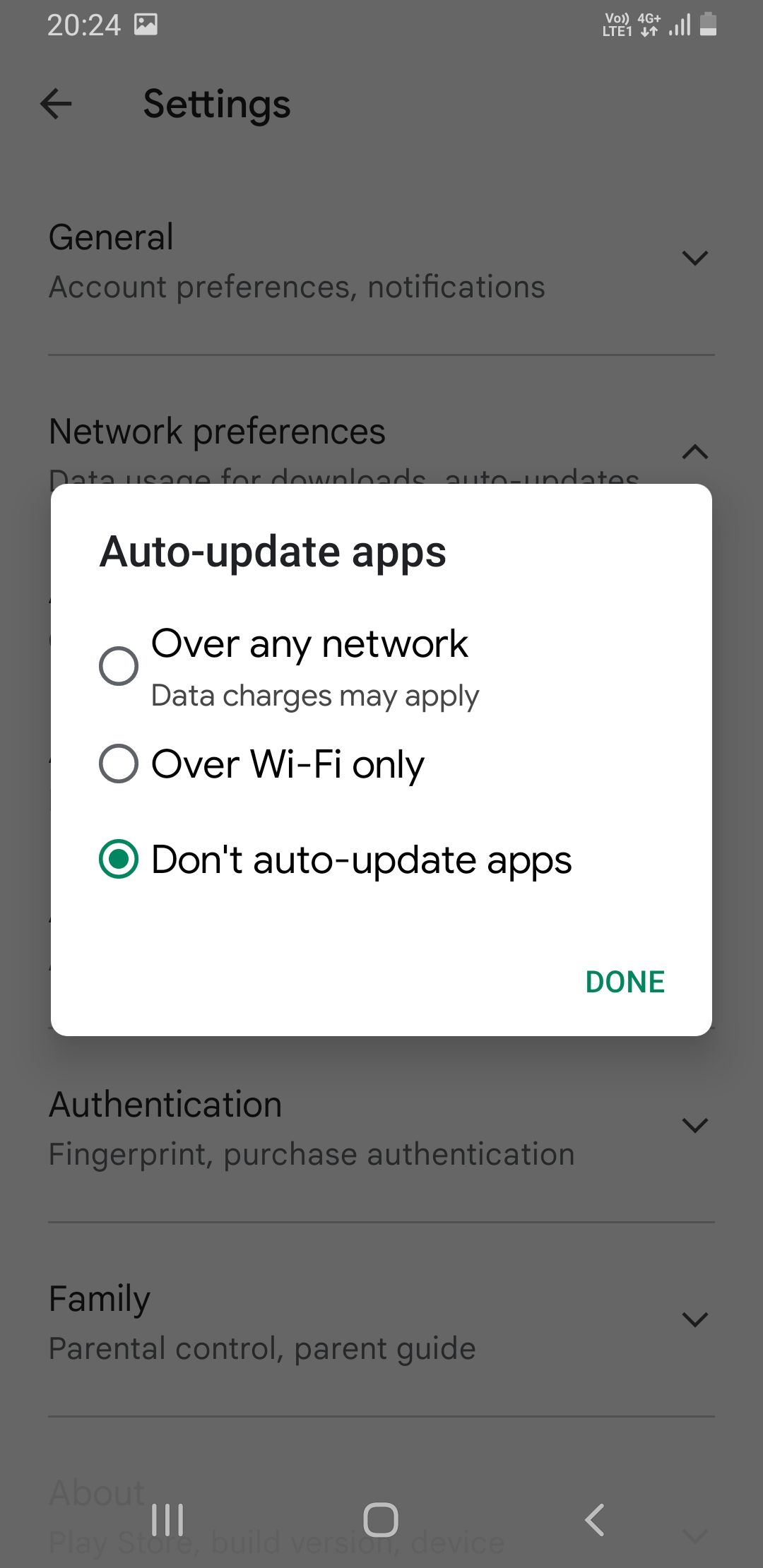Play Store auto-update settings screenshot