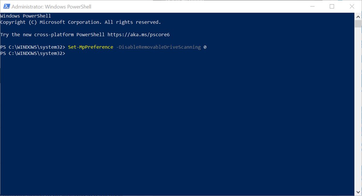 PowerShell showing removable drive scanning command
