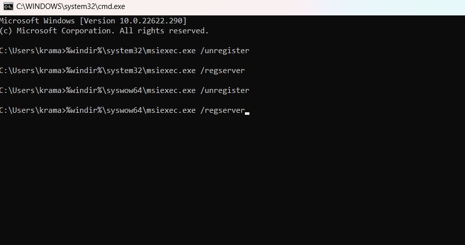 سرویس Windows Installer را مجدداً در Command Prompt ثبت کنید