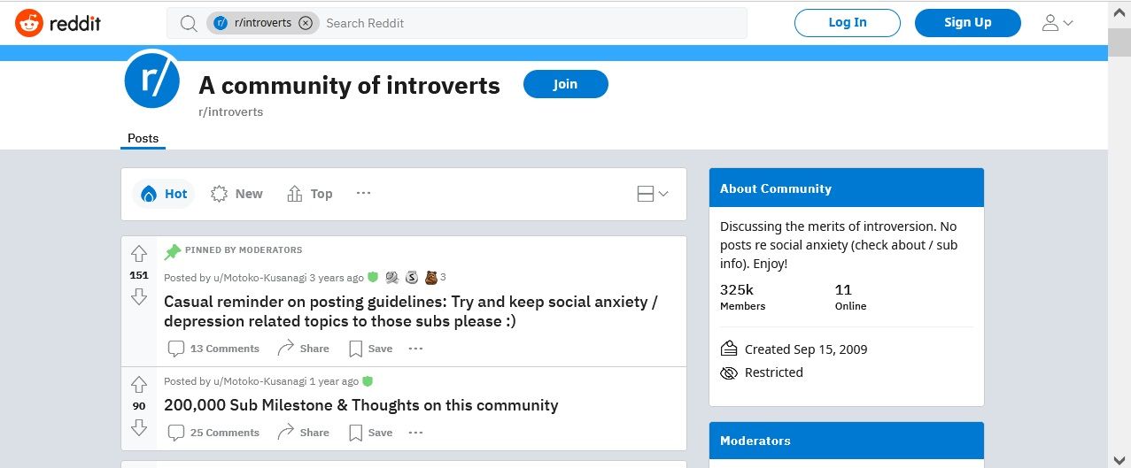 Subreddit introvert page search