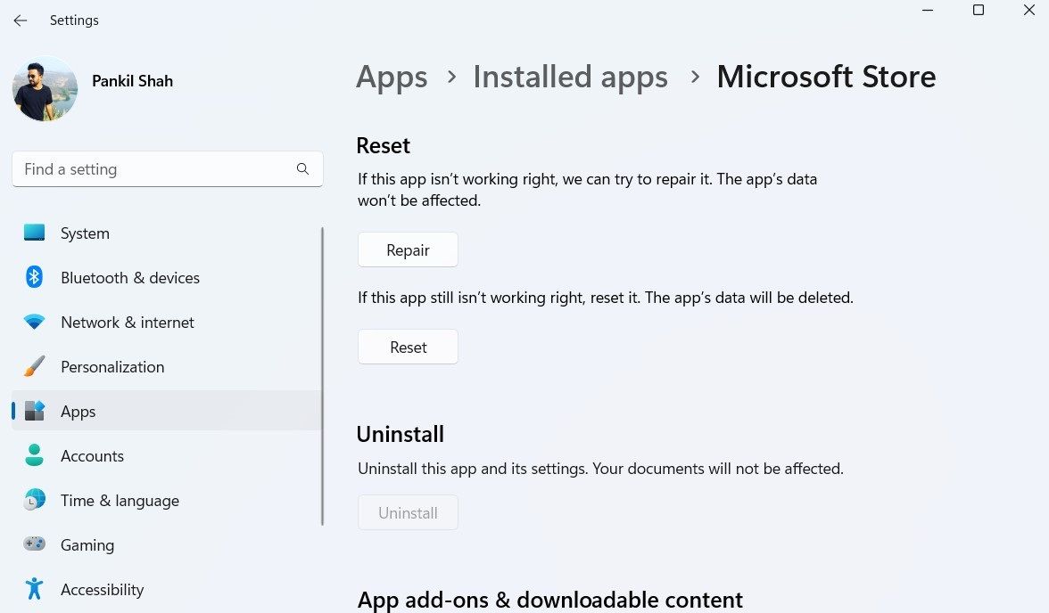 Repair option for Microsoft Store