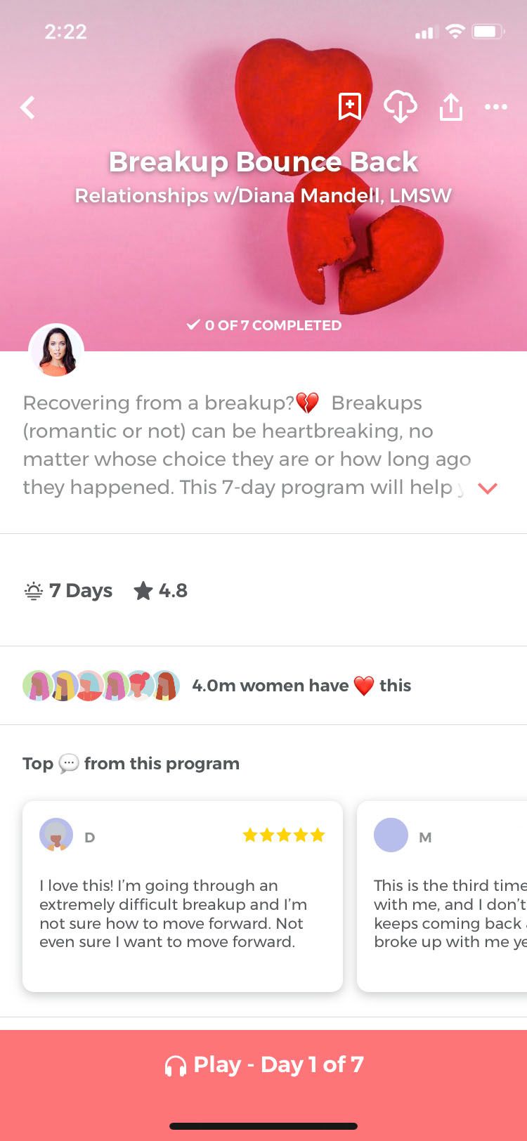 Sanity & Self App Breakup Bounce Back screen