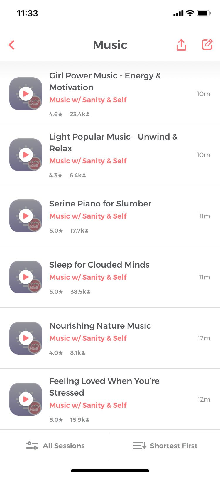 Sanity & Self app music list