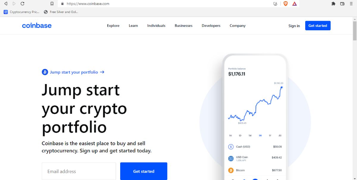 Screenshot of Coinbase homepage