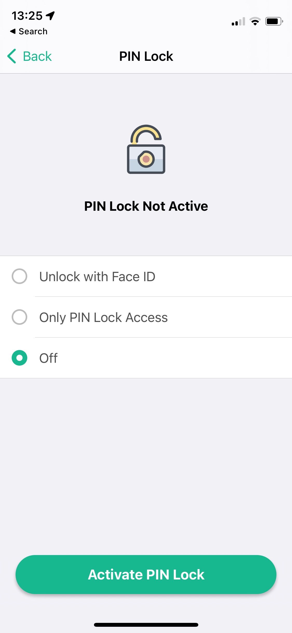 Screenshot of Daylio app showing PIN lock set up screen